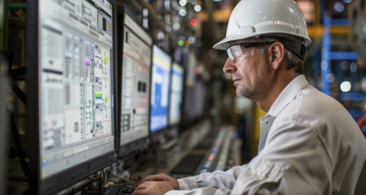 Homem em frente a um computador analisando um planejamento industrial